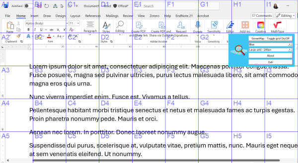 Screenshot of ScreenMap.exe showing grid pattern over a Word document